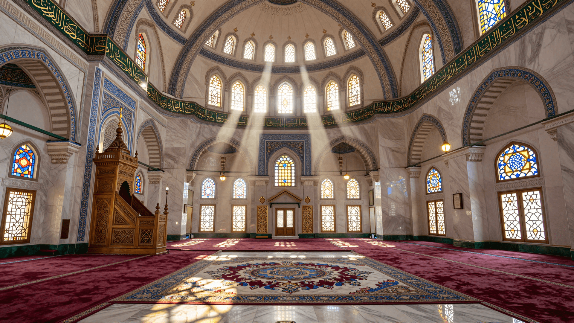 Grand mosque interior with ornate mihrab, geometric patterns, and soft natural light streaming through arched windows